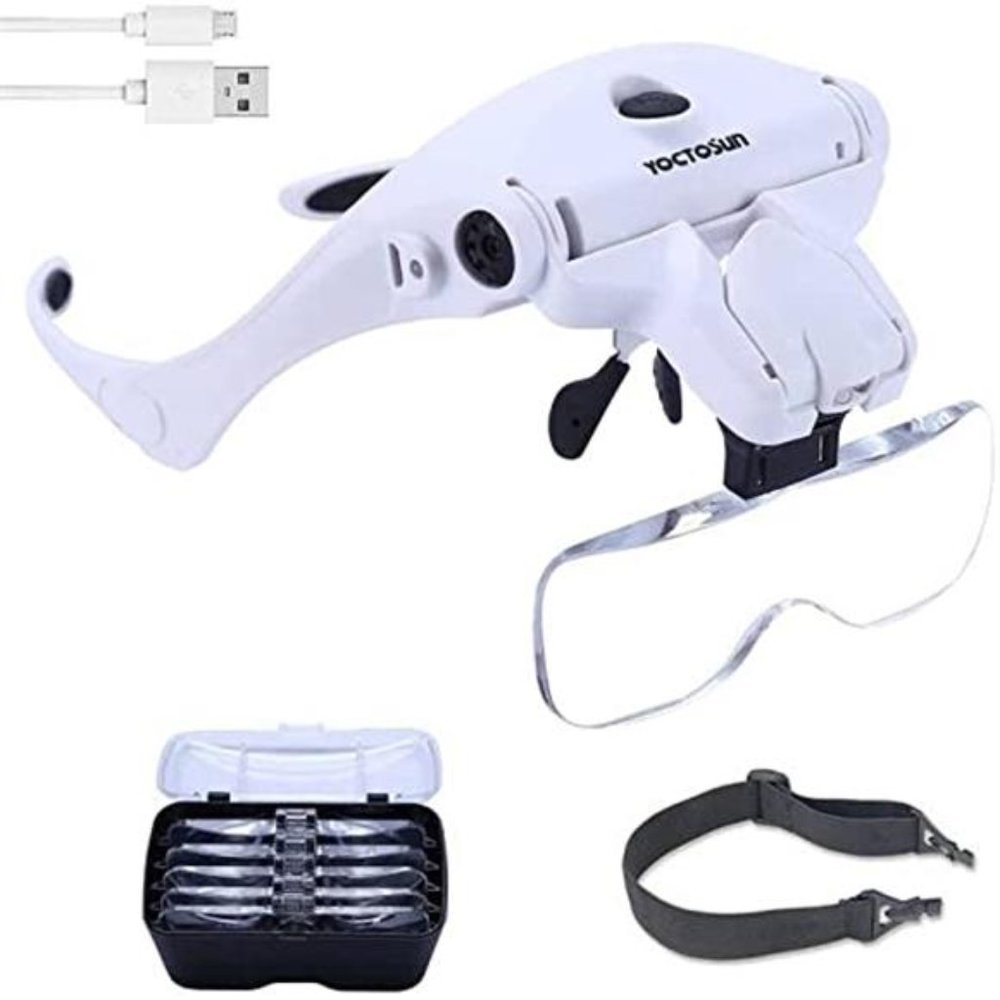 LED Head Magnifier,Rechargeable Hands Free Headband Magnifying Glasses with2 Led